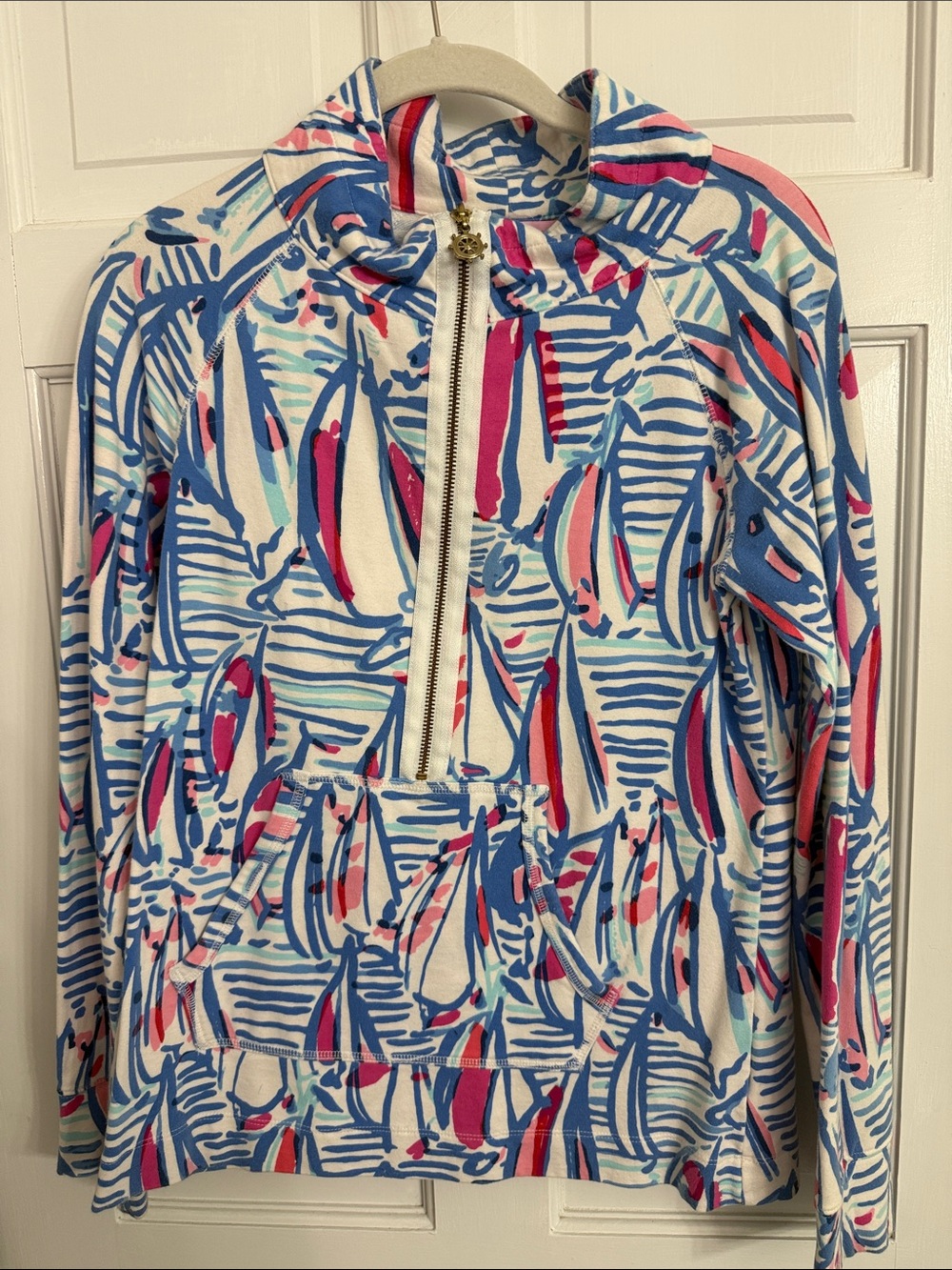 Lilly Pulitzer White Blue Pink Patterned Half-Zip Sweater